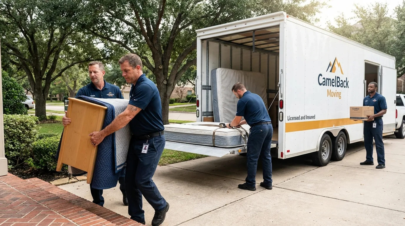 Crew loading residential truck for cross-state move from Montague, TX