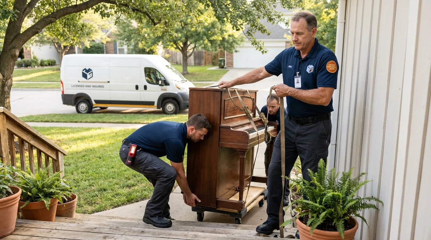 Licensed piano movers securing grand piano in Montague, TX