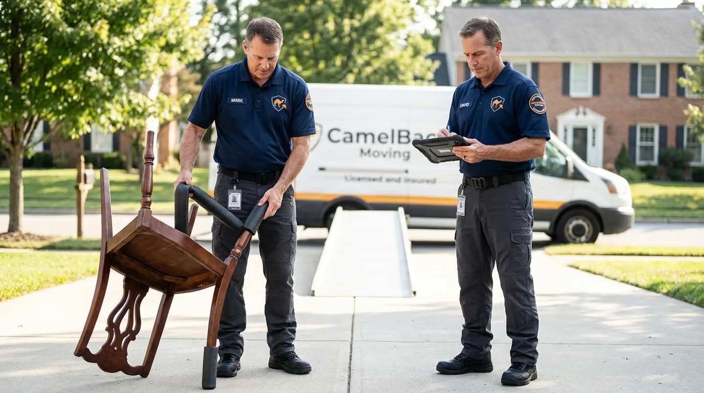 Movers inspecting furniture for damage prevention before loading in Montague, TX