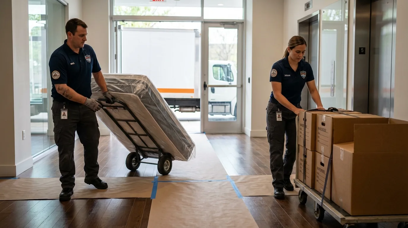 Professional apartment movers loading elevator in Montague, TX
